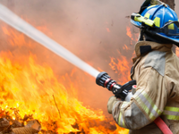 Firefighter holding hose with water flowing onto wildfire